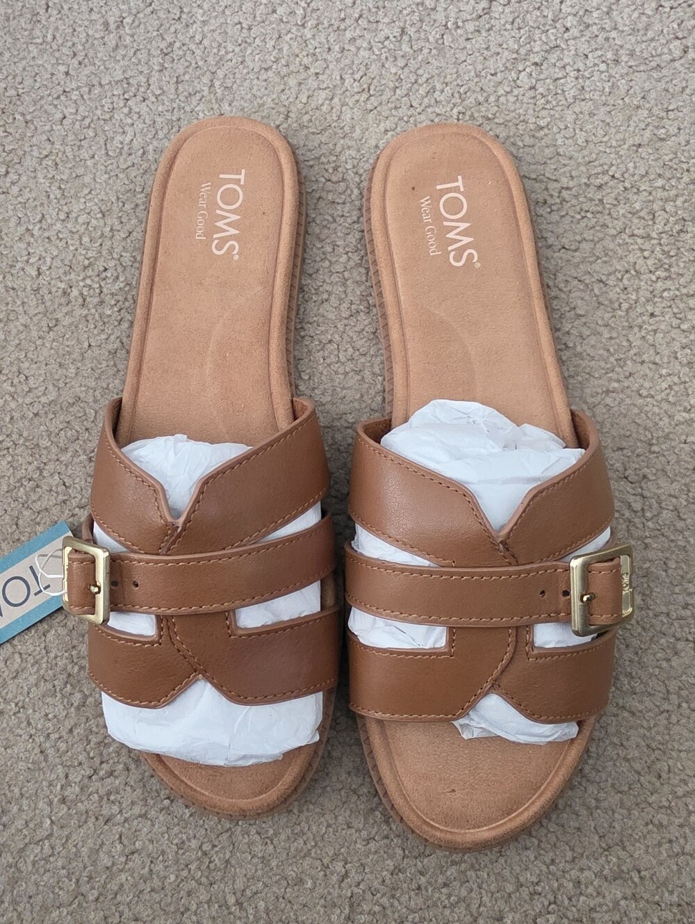 TOMS Women Sugar Leather Flat Sandals — Brown